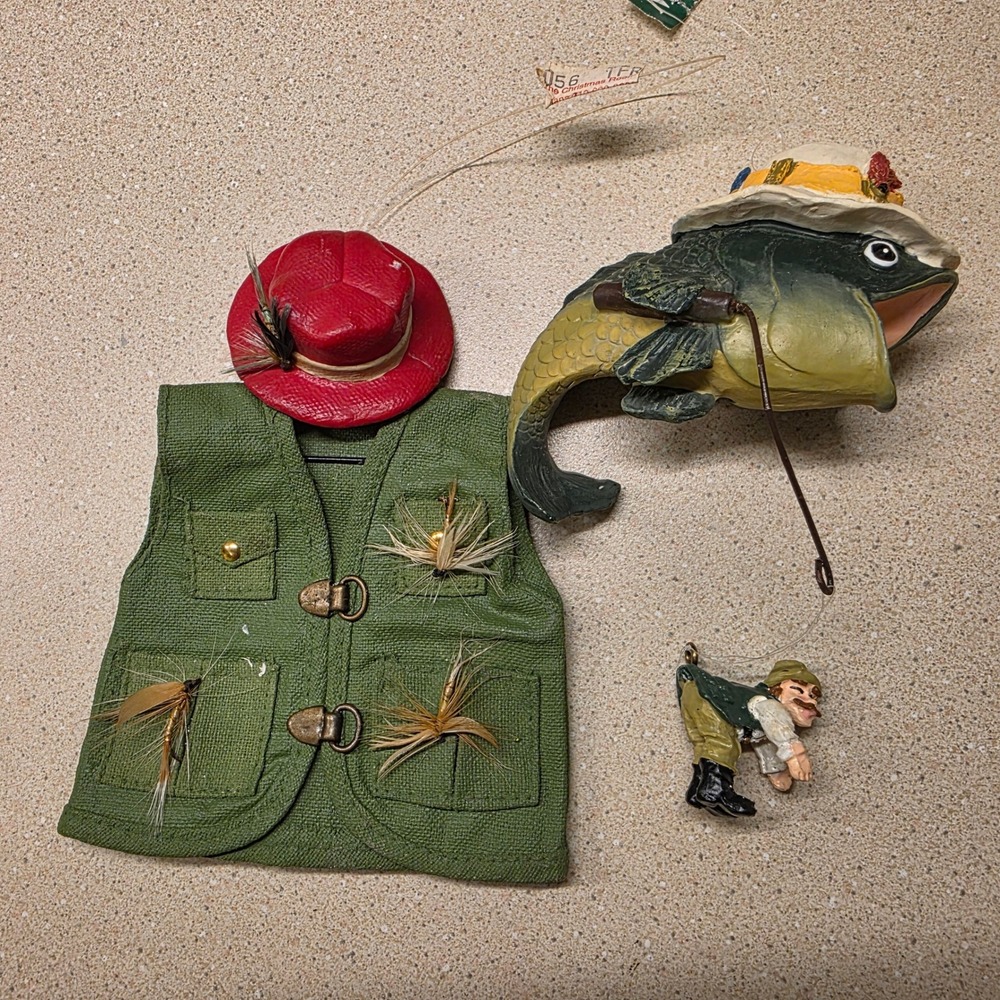 Fishing Theme Ornaments, Set of 2, Green Red Bass Fisherman Vest, Christmas